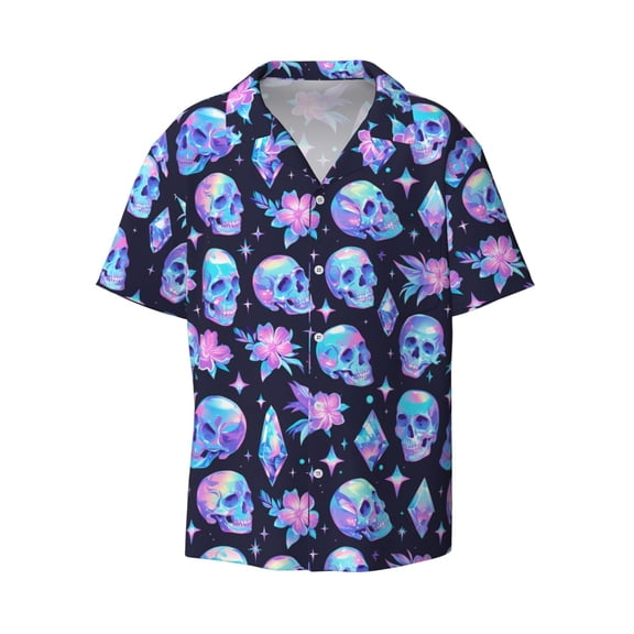 Fotbe star Skull flower crystal print Short Sleeve Button Down Shirts for Men Casual Summer Beach Wrinkle Free Shirt-Medium