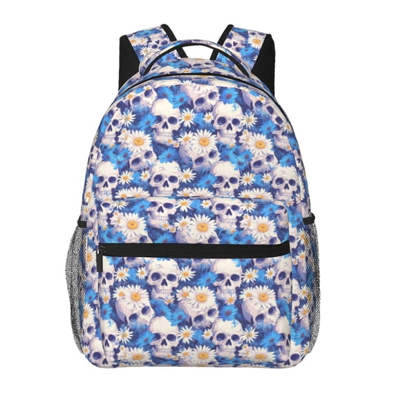 Fotbe white Skull blue daisy Pattern Casual Backpack for School, Travel, and Outdoor Activities - Durable, Lightweight, and Comfortable