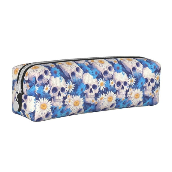 Fotbe white Skull blue daisy Pattern Leather Pencil Case, Pencil Pouch with Durable Zipper, Compact and Stylish Organizer for Stationery, Art Supplies, Travel Essentials