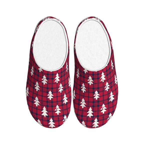 Fotbe white Tree red plaid Pattern Women's Fuzzy Curly Fur Memory Foam Loafer Slippers Indoor Outdoor Slippers Winter Home Shoes-40/41