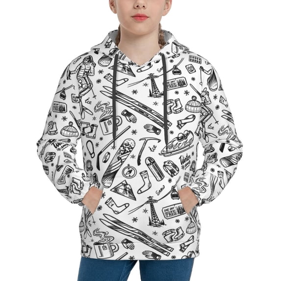 Fotbe winter Ski Element Pattern Youth Pullover Hooded Sweatshirt, Boys Hoodie, Kangaroo Pocket Hoodie for Kids Girls -Medium