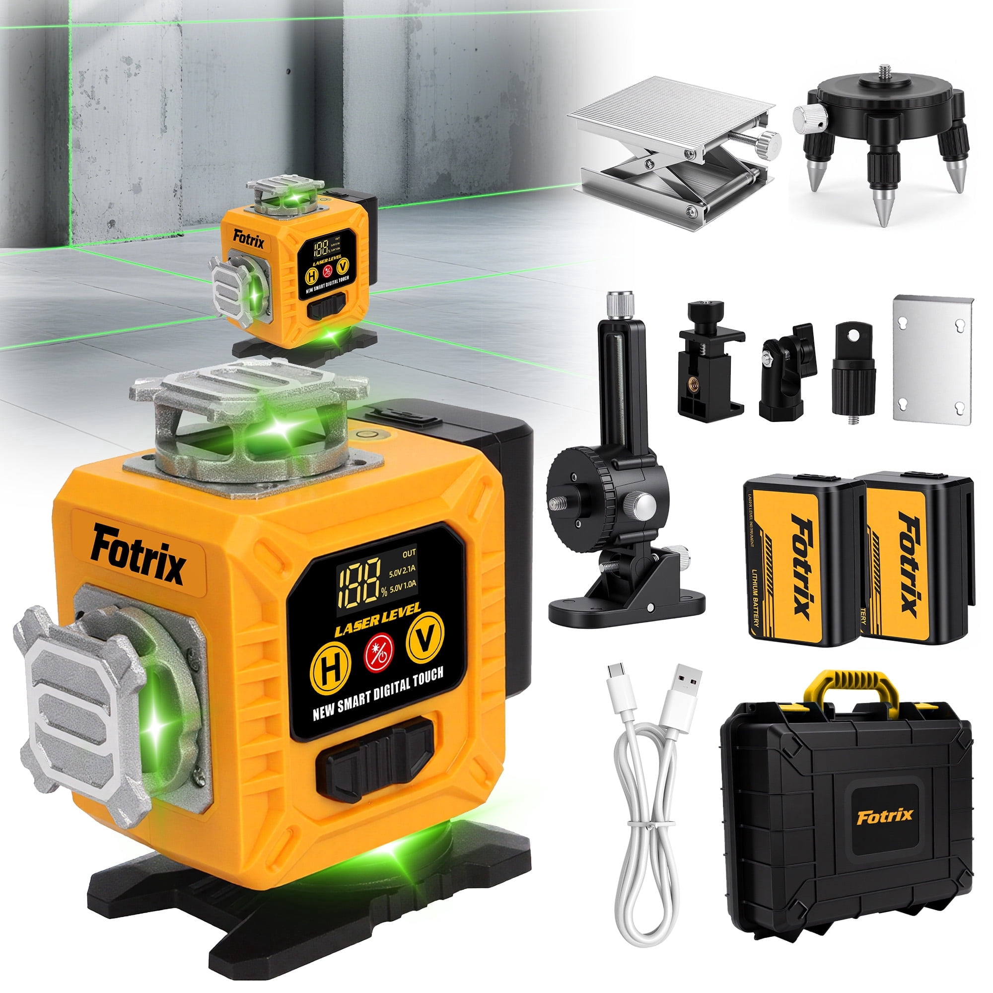 Fotirx Professional grade 16-wire 4D green laser level, 4 x 360° Green Laser Coverage, Bright Green Laser with High Accuracy, Self-Leveling & Pulse Mode, Dual 2000mAh Rechargeable Batteries