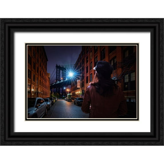 Foto, Patrick 32x23 Black Ornate Wood Framed with Double Matting Museum Art Print Titled - Manhattan Bridge