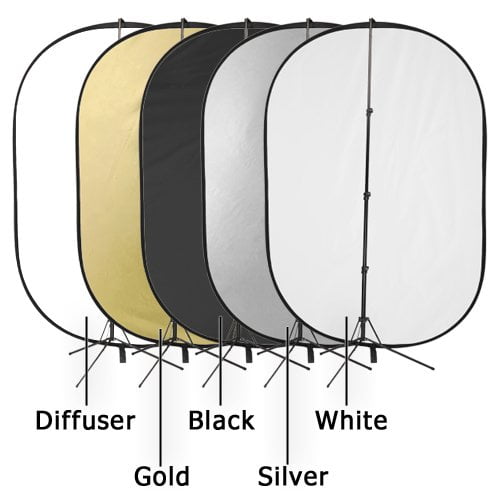 Fotodiox Pro 40x60in Premium Grade 5-in-1 Collapsible Reflector Disc Kit, with Stand and Telescopic Reflector Arm, Soft Silver/Gold/Black/White/Diffuser