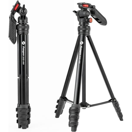 Fotopro 55"Camera Tripod, 2-in-1 Compact Phone Tripod with Fluid Video Head Hidden Cold Shoe Phone Clip, 1.5lbs Lightweight Aluminum Max Load 6.6lbs