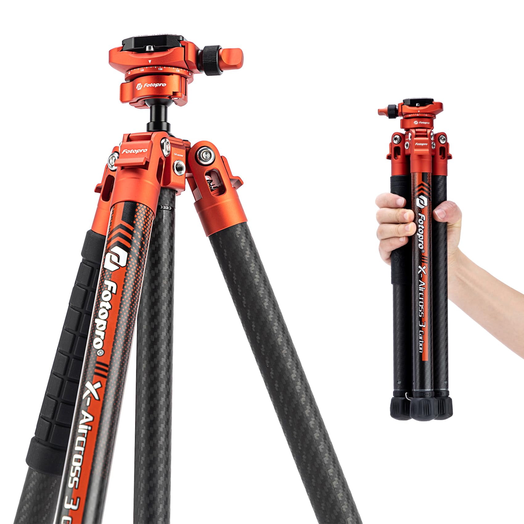 Fotopro 60" Carbon Fiber Tripod with Ball Head, 1.7 lbs Ultralight Travel Tripod for Camera DSLR, Max Load 22 lbs, X-Aircross 3 Lite, Flame Orange