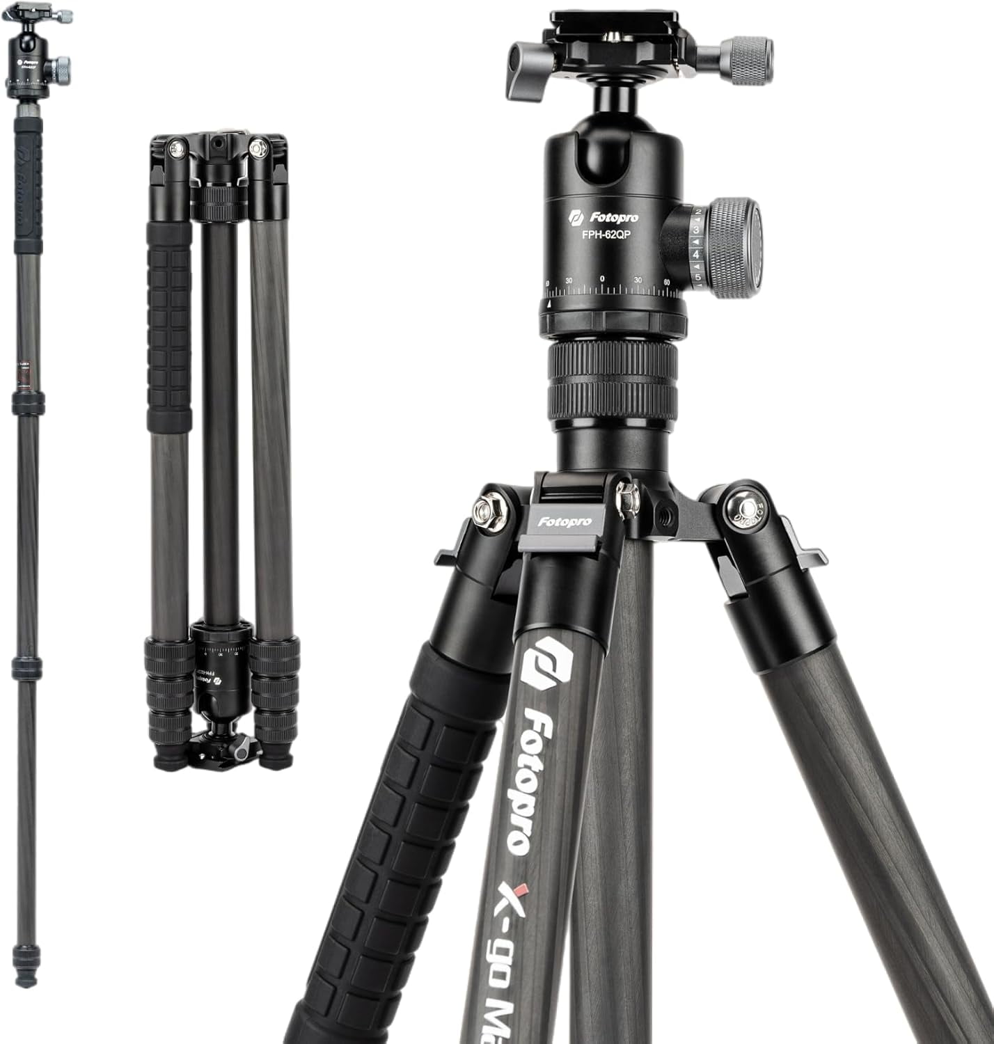 Fotopro 67" Carbon Fiber Camera Tripod with Dual Panoramic Ball Head, Detachable Monopod, Compact Lightweight Travel Tripod with QR Plate for 70-200 Lens, Max Load 12kg/26 lbs, X-Go Max E 2