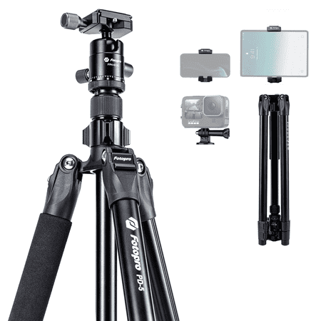 Fotopro 73" Travel Tripod Compact Camera Tripod with Ball Head QR Plate Action Adapter for DSLR Camera iPhone Projector Webcam Max Load 33lbs/15kg
