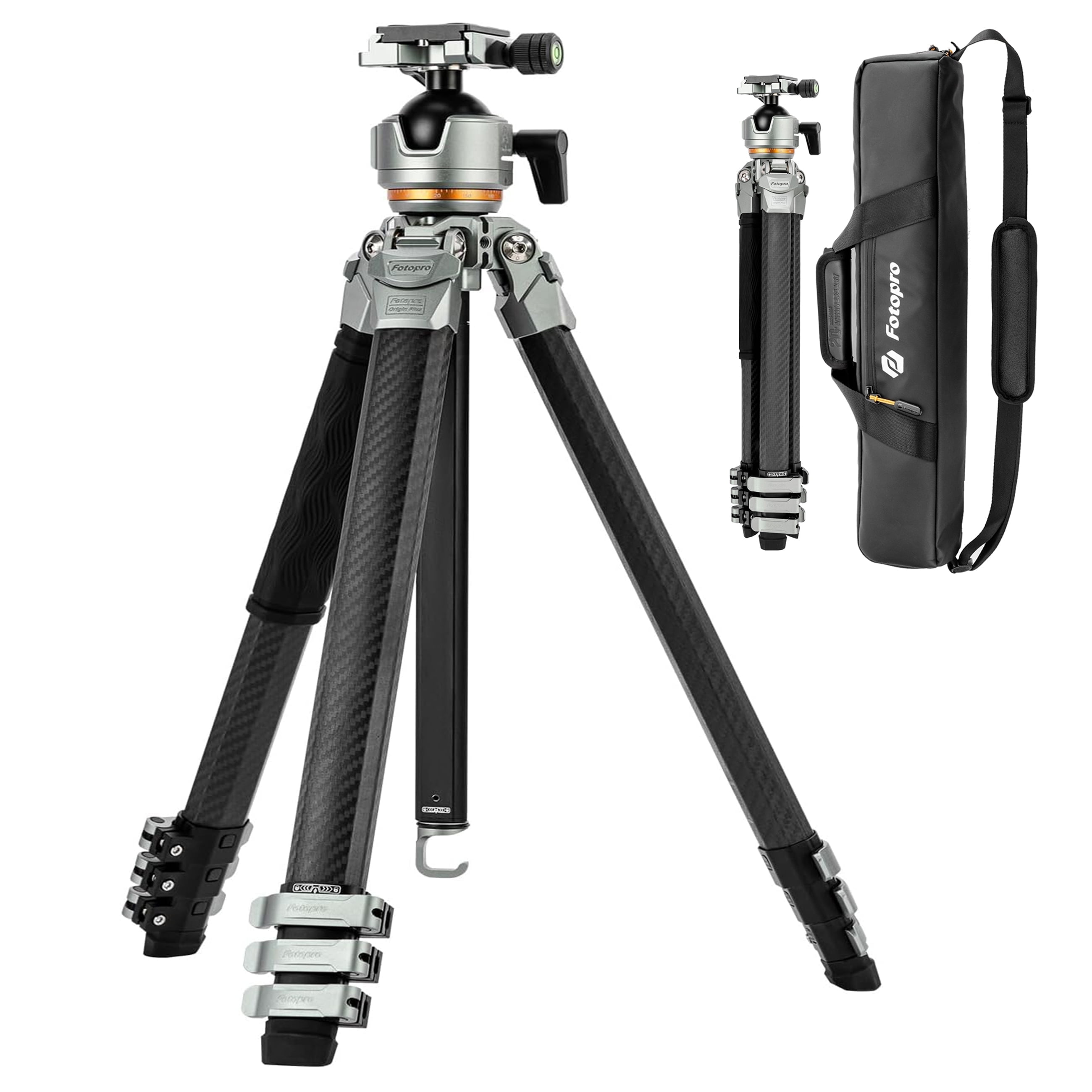 Fotopro Origin Plus Tripod, 60" Carbon Fiber Travel Tripod for Camera, Ball Head, Flip Lock, Carrying Bag, Max Load 20kg/44 lbs, Silver