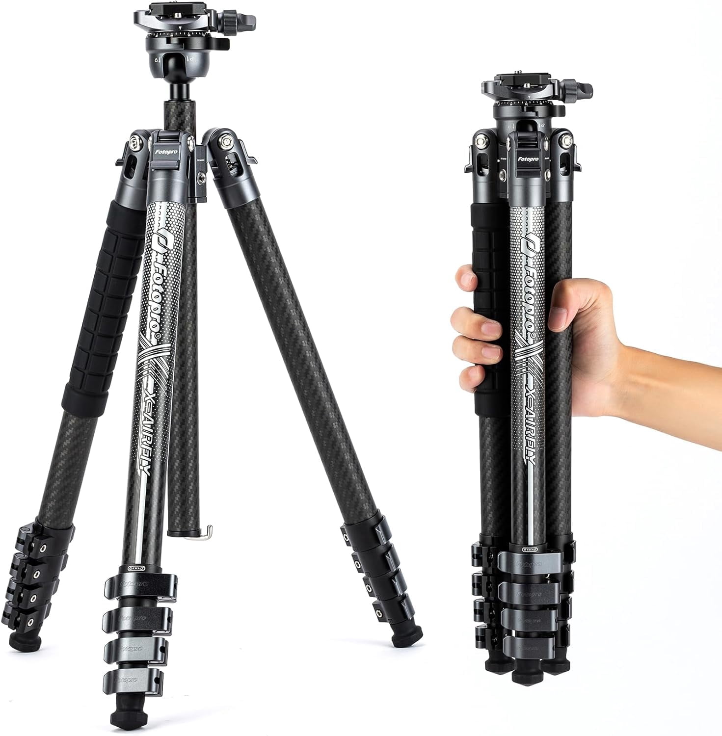 Fotopro X-Airfly 63" Carbon Fiber Tripod with Panoramic Ball Head, Lightweight Compact Camera Tripod Stand for Travel, Detachable Center Column, Hidden Phone Clip, Max Load 11 lbs, Grey