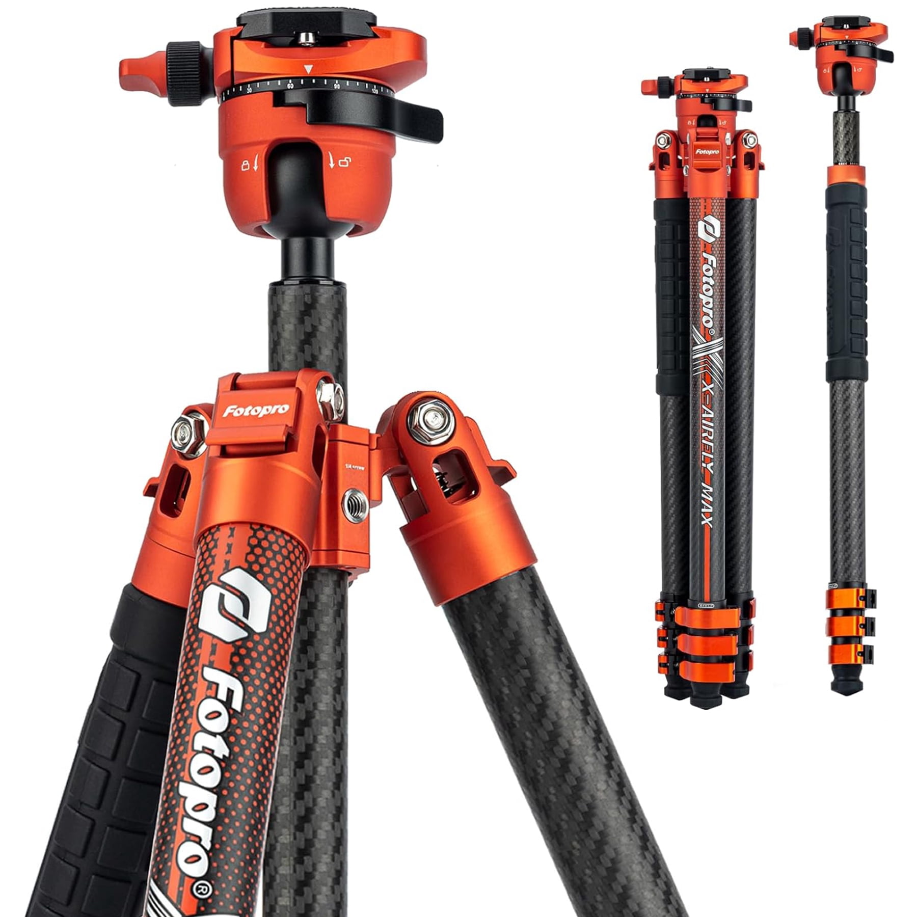 Fotopro X-Airfly Max 65.4" Carbon Fiber Ball Head Tripod, Detachable Monopod, Lightweight Compact Camera Tripod Stand for Travel, Low Angel Shooting, Hidden Phone Clip, Max Load 22 lbs, Orange