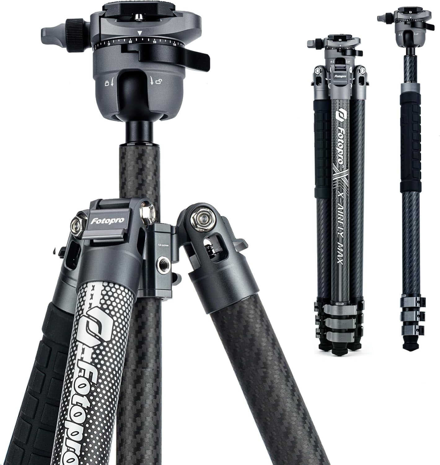 Fotopro X-Airfly Max 65.4" Carbon Fiber Ball Head Tripod, Detachable Monopod, Lightweight Compact Camera Tripod Stand for Travel, Low Angel Shooting, Hidden Phone Clip, Max Load 22 lbs, Grey