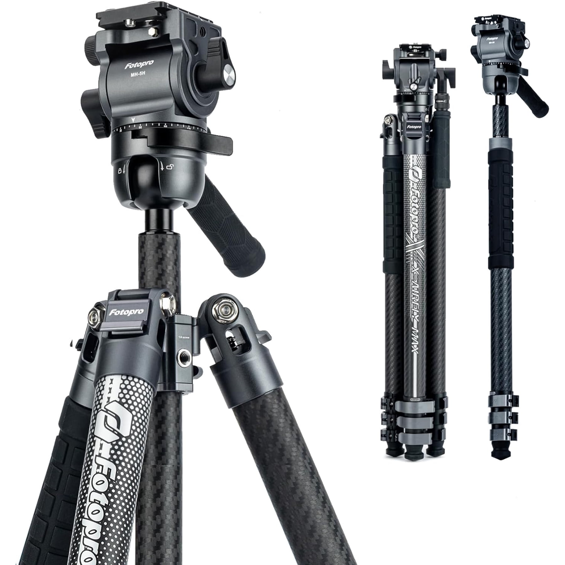 Fotopro X-Airfly Max Video 67.3" Carbon Fiber 2-in-1 Tripod and Monopod, Ball Head & Fluid Head, 4-Sec Lightweight Camera Tripod Stand, Macro Photography, Hidden Phone Clip, Max Load 13 lbs, Grey