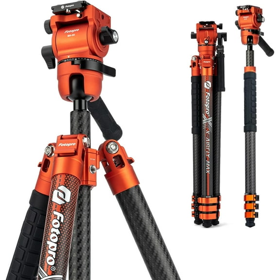 Fotopro X-Airfly Max Video 67.3" Carbon Fiber 2-in-1 Tripod and Monopod, Ball Head & Fluid Head, 4-Sec Lightweight Camera Tripod Stand, Macro Photography, Hidden Phone Clip, Max Load 13 lbs, Orange