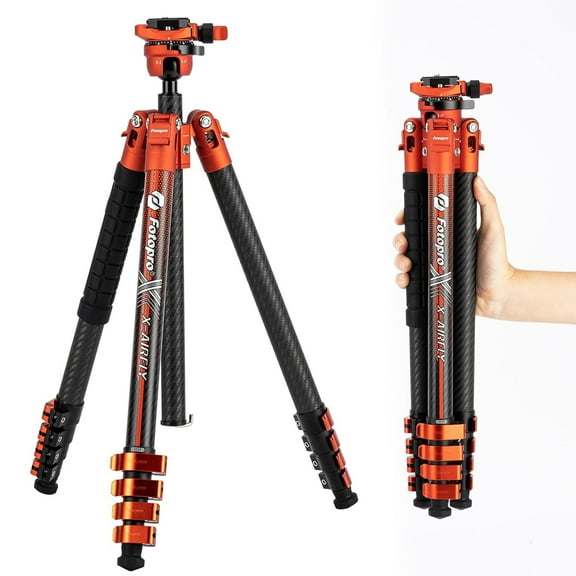 Fotopro X-Airfly 63" Carbon Fiber Tripod with Panoramic Ball Head, Lightweight Compact Camera Tripod Stand for Travel, Detachable Center Column, Hidden Phone Clip, Max Load 11 lbs, Orange