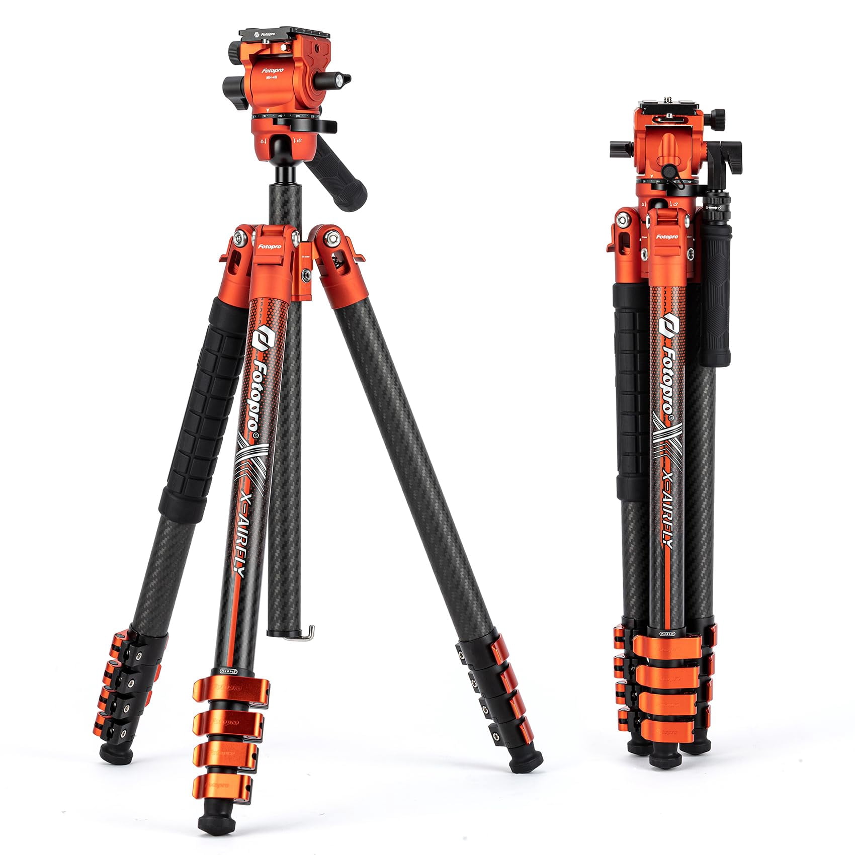 Fotopro X-Airfly Video 64.6" Carbon Fiber Tripod with Ball Head & Fluid Head, 5-Sec Lightweight Compact Camera Tripod Stand for Travel, Low Angel Shooting, Hidden Phone Clip, Max Load 10 lbs, Orange