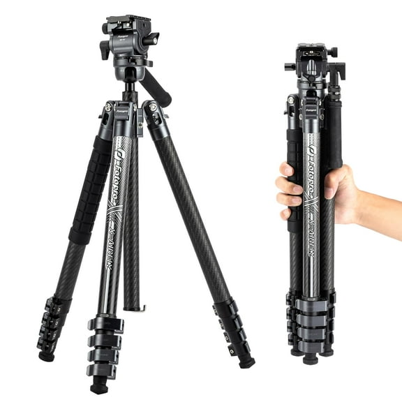 Fotopro X-Airfly Video 64.6" Carbon Fiber Tripod with Ball Head & Fluid Head, 5-Sec Lightweight Compact Camera Tripod Stand for Travel, Low Angel Shooting, Hidden Phone Clip, Max Load 10 lbs, Grey