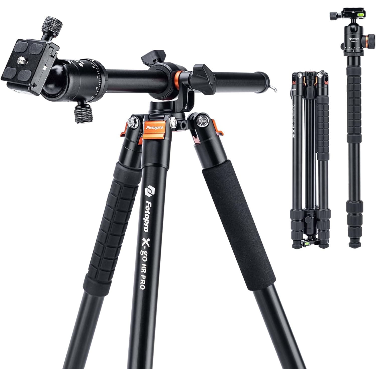 Fotopro X-Go HR Pro 62.6" Aluminum 2-in-1 Tripod and Monopod with Panoramic Ball Head, Heavy Duty Tripod Stand, 360° Horizontal Rotation, Multi Angle Center Column, Macro Shooting, Max Load 17.6 lbs