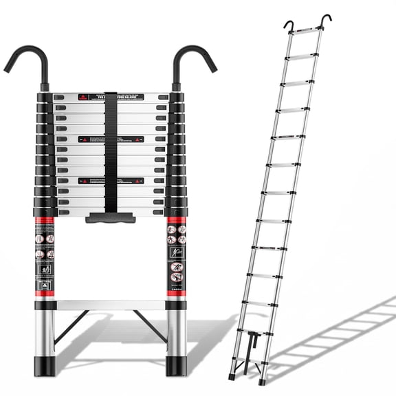 Fotrix 12.5 Ft Telescoping Extension Ladder with Hooks,One-Button Retraction, Collapsible Ladder, 330 LBS Max Load Non-Slip Feet, Multi-Purpose Portable Ladder for Home, RV