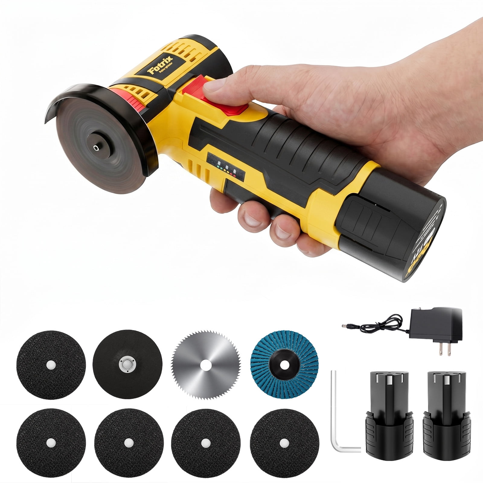 Fotrix 12V Cordless Mini Angle Grinder Kit, 3-Inch Portable Cutting and Grinding Tool, 19500 RPM, 350W, with 2 Batteries, Charger, Multi-Disc Set and Storage Case