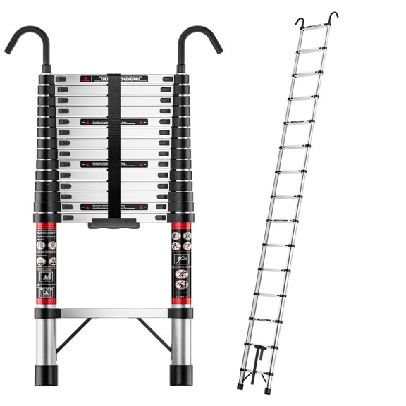 Fotrix 14.5 Ft Telescoping Extension Ladder with Hooks,One-Button Retraction, Collapsible Ladder, 330 LBS Max Load Non-Slip Feet, Multi-Purpose Portable Ladder for Home, RV