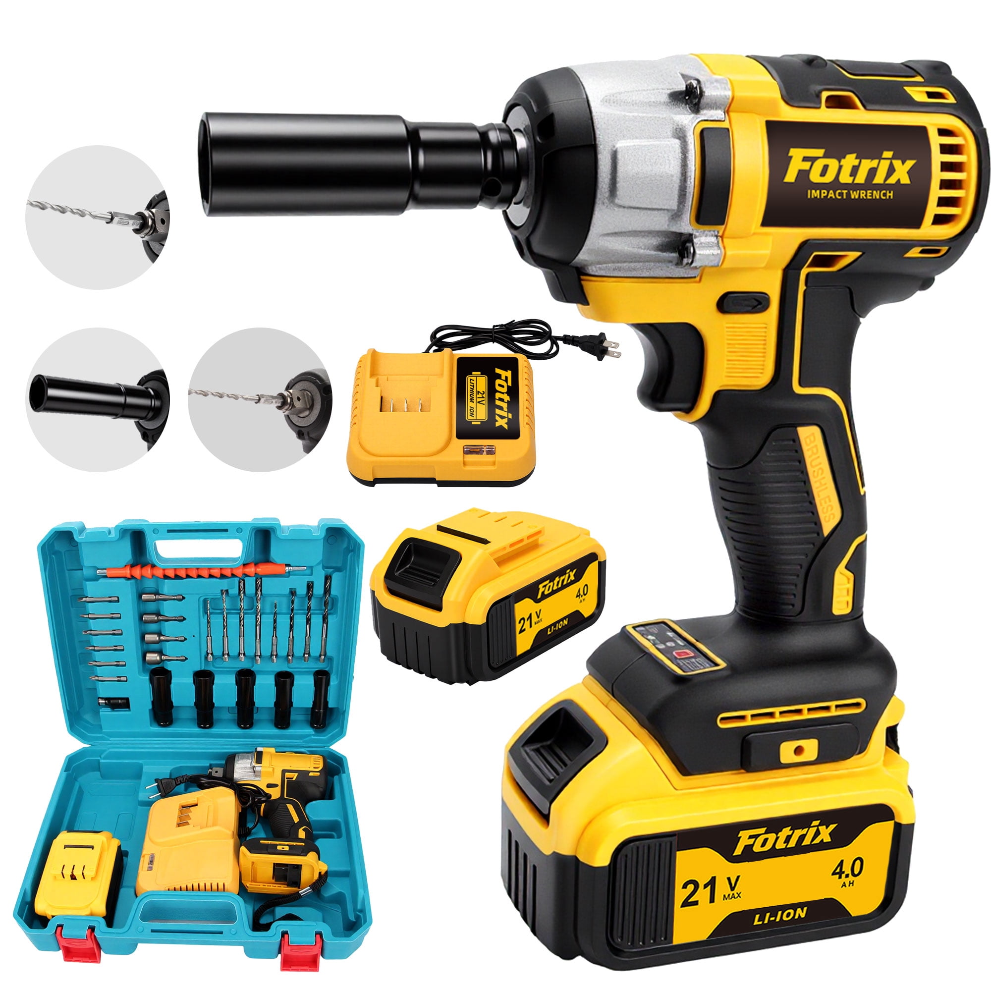Fotrix 21V Brushless 1/2" Impact Wrench Kit, 3-in-1 Heavy Duty Drill & Driver, 1 x 4.0Ah batteries Suitable For Home Repair, Cordless Impact Gun for Auto Repair