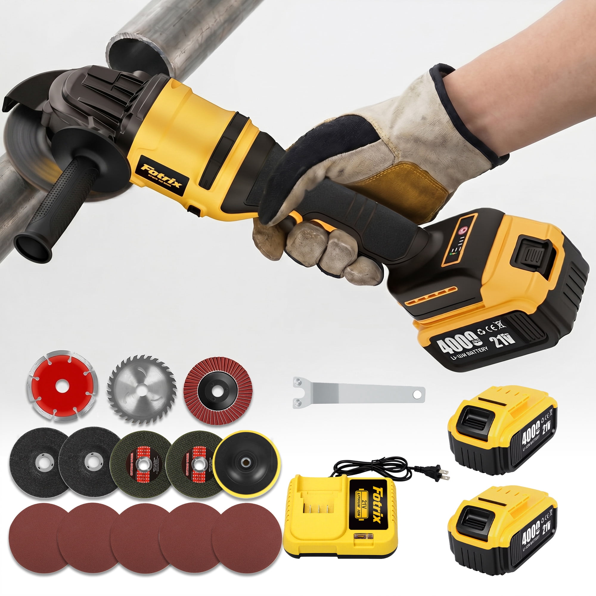 Fotrix 21V Cordless Angle Grinder Kit, 4-Inch Brushless Cutting and Grinding Tool, 3-Speed 5000-11000 RPM, with 2 Batteries, Charger, Multi-Accessory Set and Storage Case