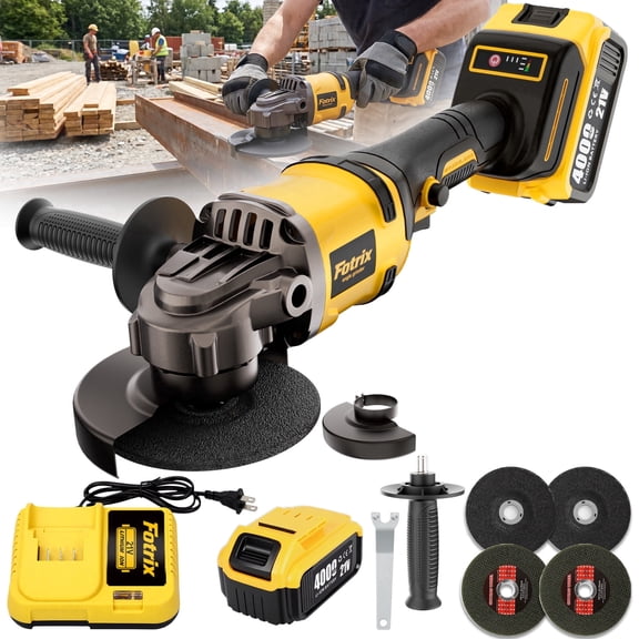 Fotrix 21V Cordless Angle Grinder Kit, 4000mAh Lithium Battery Powered Brushless Cut Off Grinder Tool with 4 Grinding Wheels, Auxiliary Handle & Fast Charger for Metal Cutting Polishing Grinding