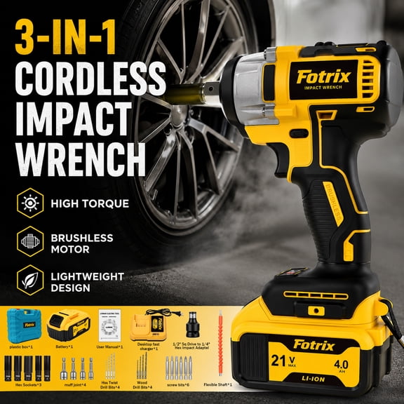 Fotrix 21V Cordless Brushless Impact Wrench with 4000mAh Battery & Charger, High Torque Impact Gun for Auto Tire & Home Repair