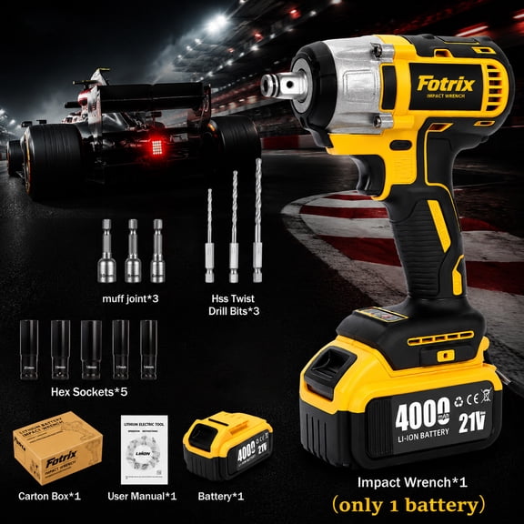 Fotrix 21V Cordless Brushless Impact Wrench with 4000mAh Battery & Charger, High Torque Impact Gun for Auto Tire & Home Repair