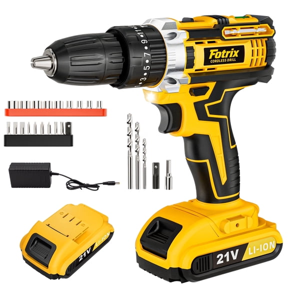 Fotrix 21V Cordless Drill/Driver, Electric Power Drill - Rechargeable Battery, 35 Nm, 25+1 Torque Settings, 2 Speeds, Keyless 3/8" Chisel Drill with LED Light, Home Kit