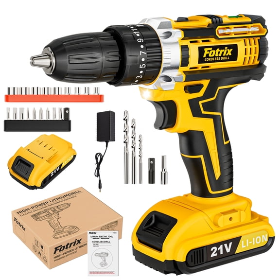 Fotrix 21V Cordless Drill/Driver, Electric Power Drill - Rechargeable Battery, 35 Nm, 25+1 Torque Settings, 2 Speeds, Keyless 3/8" Chisel Drill with LED Light, Home Kit