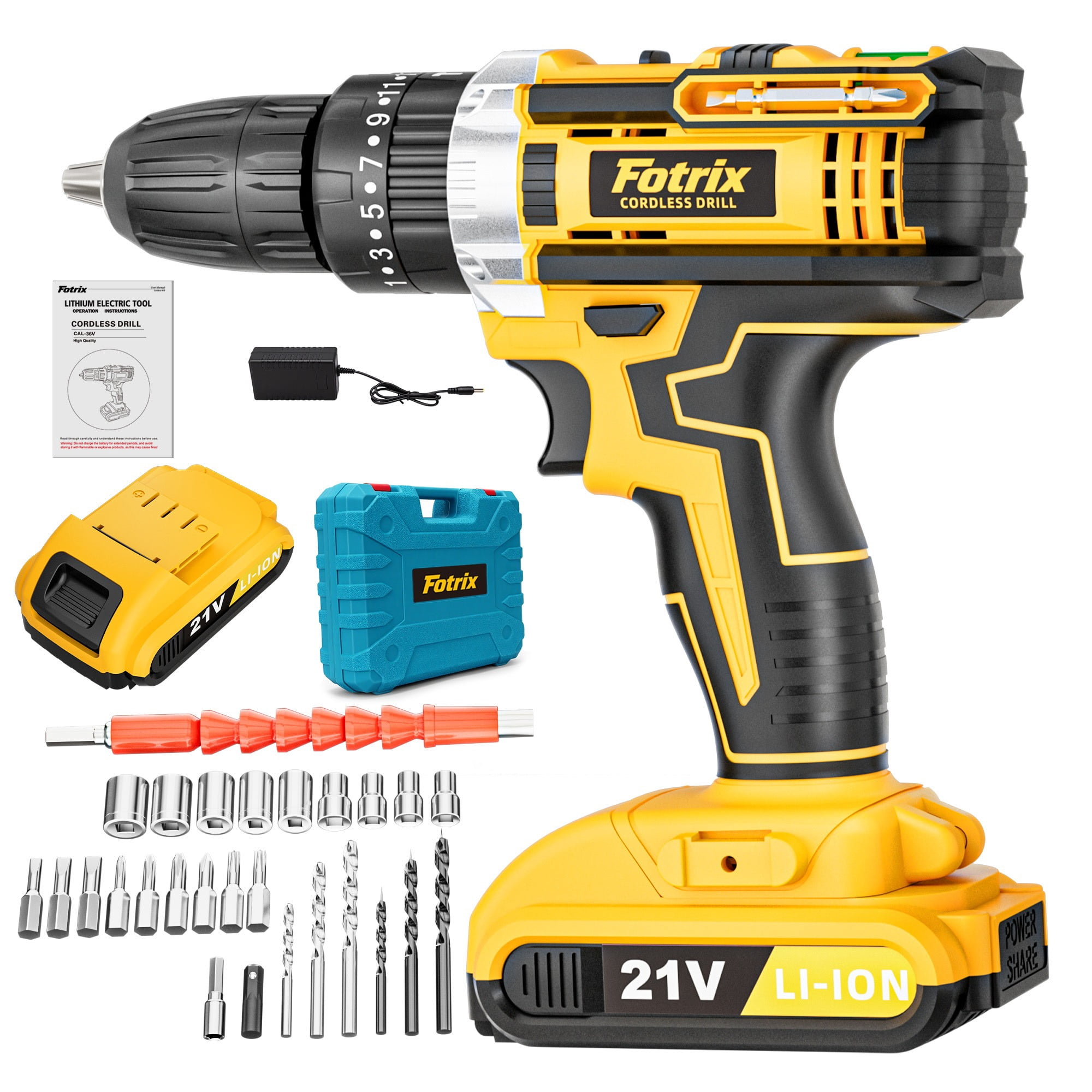 Fotrix 21V cordless impact drill (2.0Ah battery *1 with Tool box ) Powerful Motor for Drilling & Driving, 25+1 Torque Settings, 3-in-1 Versatile Working Modes, 2-Speed Control & Ergonomic Design