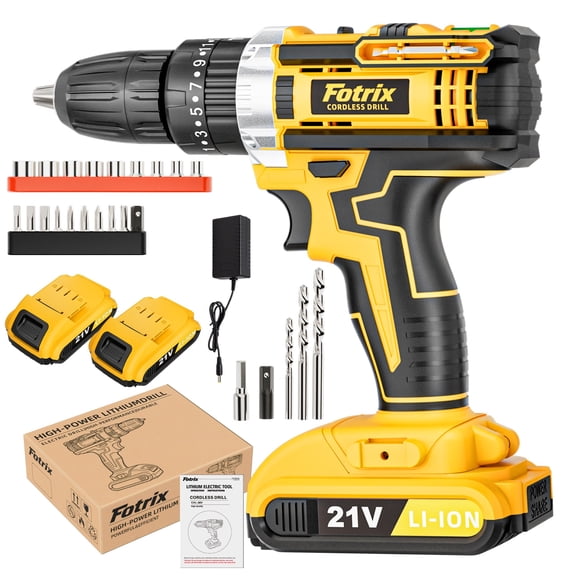 Fotrix 21V cordless impact drill (2.0Ah battery *2 ) Powerful Motor for Drilling & Driving, 25+1 Torque Settings, 3-in-1 Versatile Working Modes, 2-Speed Control & Ergonomic Design