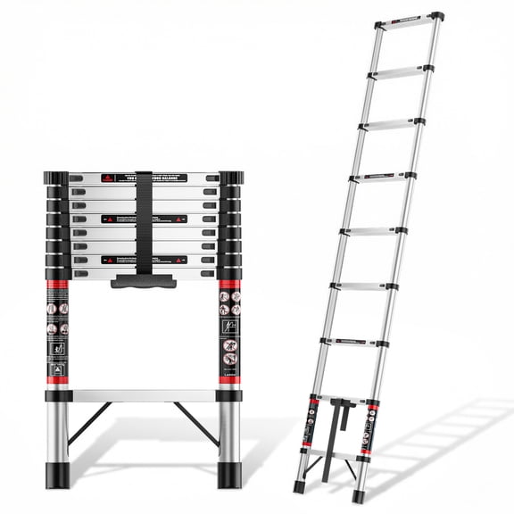 Fotrix 8.5 Ft Telescoping Extension Ladder with One-Button Retraction, Collapsible Compact Ladder, 330 LBS Max Load Non-Slip Feet, Multi-Purpose Portable Ladder for Home, RV