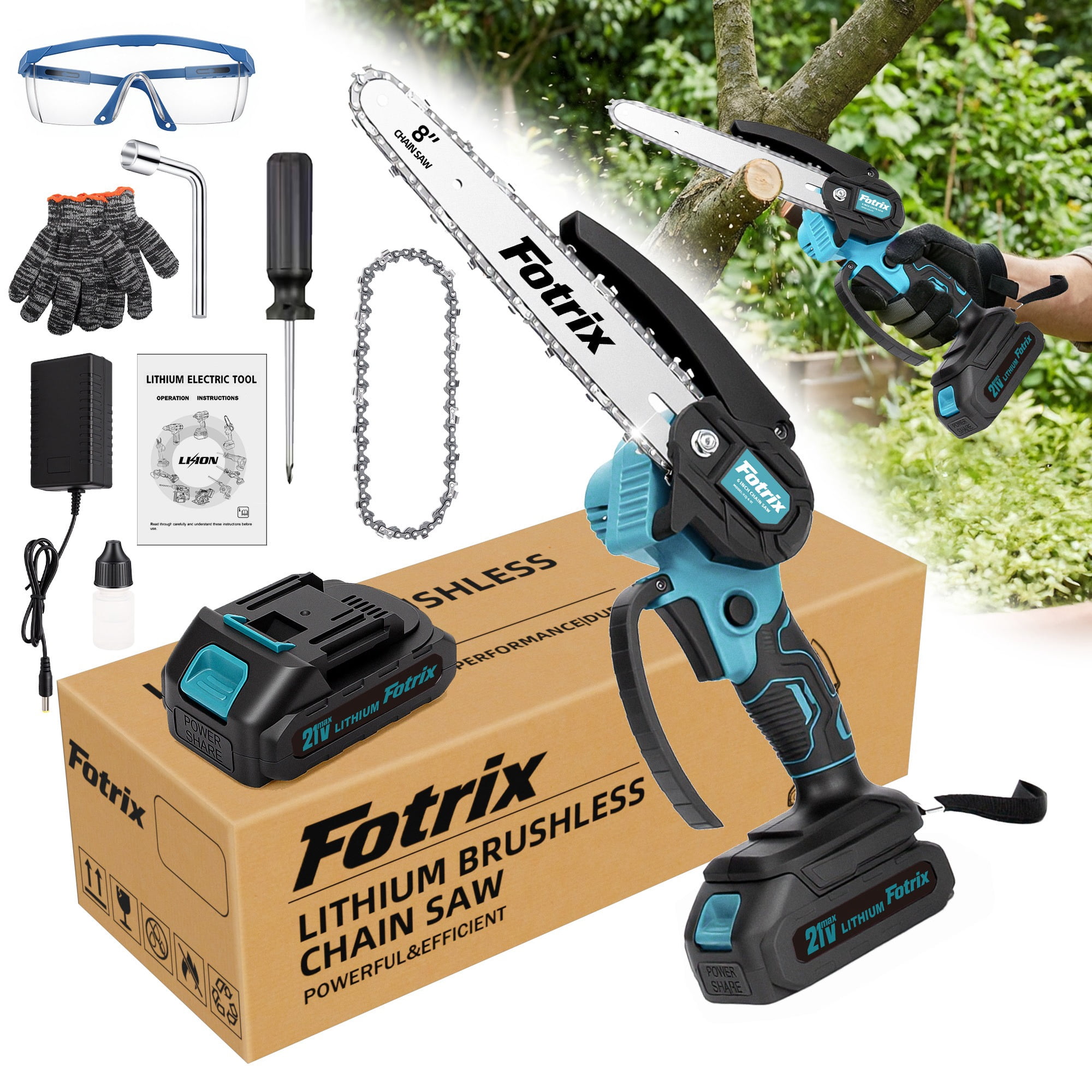 Fotrix 8inch chain saws (2 battery) Lightweight One-Hand Operation Fast & Powerful Cutting Performance Easy Chain Adjustment & Maintenance Portable Storage Case with Protective Foam