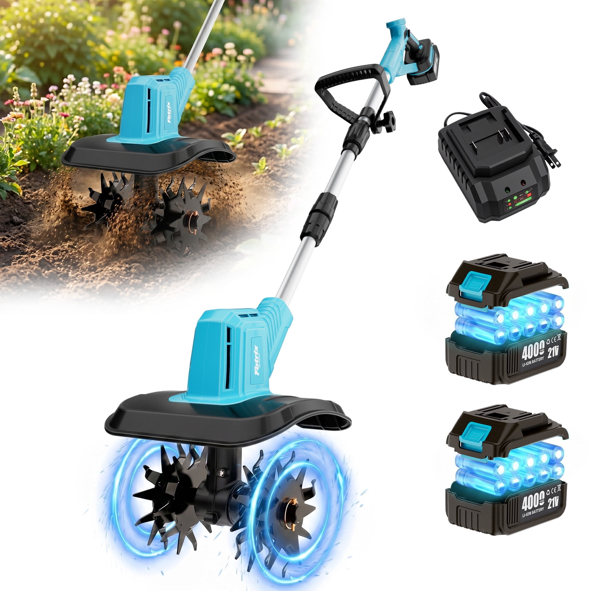 Fotrix Cordless Electric Garden Tiller Cultivator, 360 RPM, 7.5-Inch Depth, 9-Inch Width, with 2 Batteries, Adjustable Handle and Foldable Design