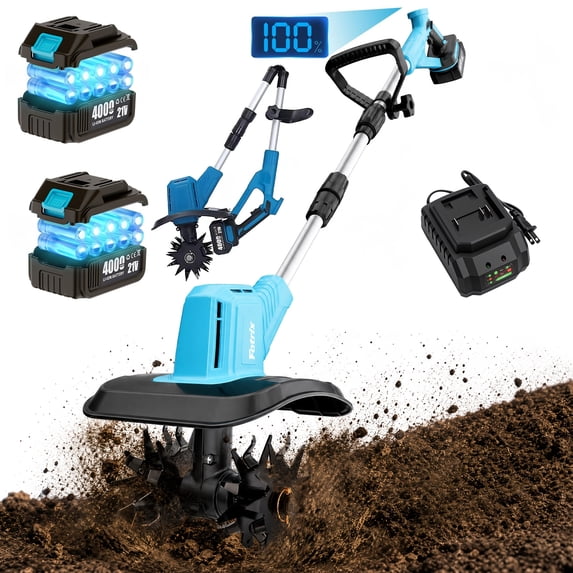 Fotrix Cordless Electric Garden Tiller Cultivator, 360 RPM, 7.5-Inch Depth, 9-Inch Width, with 2Batteries, Adjustable Handle and Foldable Design