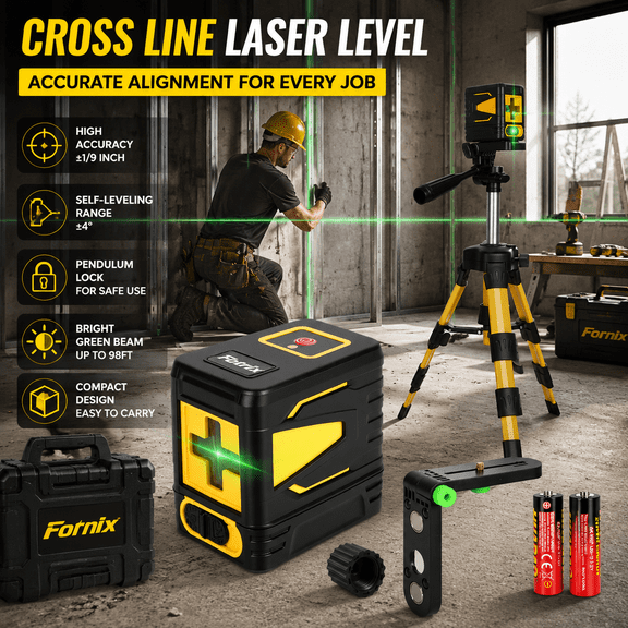 Fotrix Green Cross Line Laser Level with Tripod, Self-Leveling Laser Level, Magnetic Base, Carrying Case and AA Batteries Included