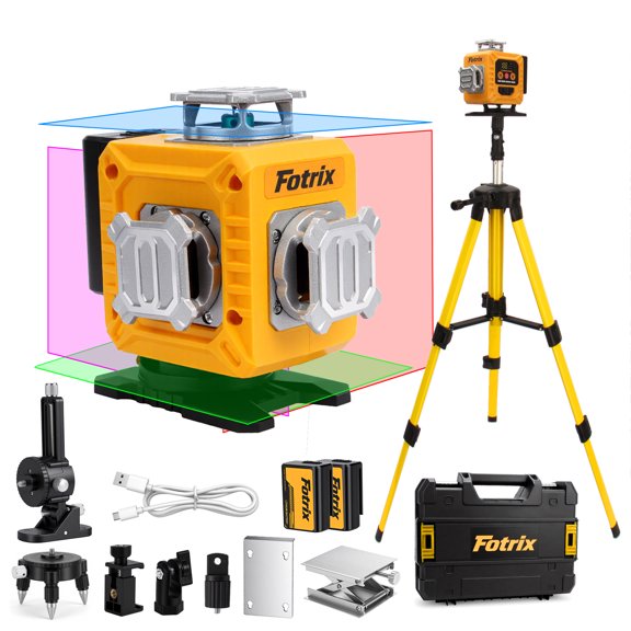 Fotrix Laser Level 4x360 Self Leveling Laser Level, Green Line Laser 4D Laser Leveler Tool with 2 x Batteries for Picture Hanging, Tile, Home Renovation, Indoor,with Tripod