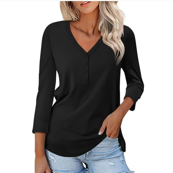 Fouhkni 3/4 Sleeve T Shirts for Women V Neck Half Button Loose Basic Tunic Tops Summer Solid Color Blouses