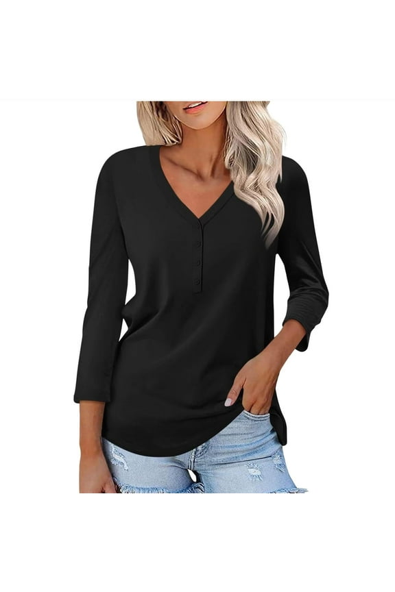 3/4 Sleeve T Shirts for Women V Neck Half Button Loose Basic Tunic Tops Summer Solid Color Blouses