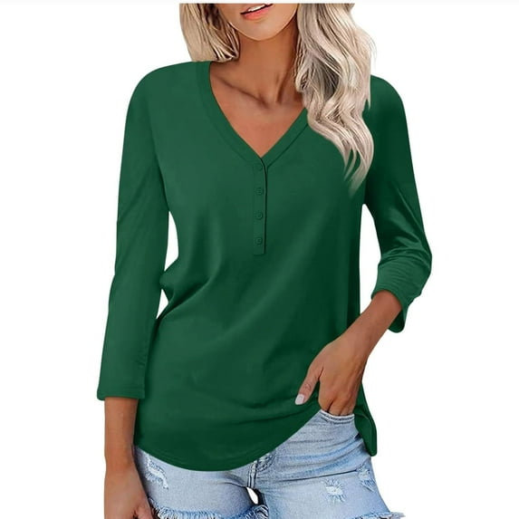 Fouhkni 3/4 Sleeve T Shirts for Women V Neck Half Button Loose Basic Tunic Tops Summer Solid Color Blouses