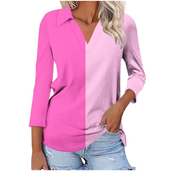 Fouhkni 3/4 Sleeve T Shirts for Women V Neck Lapel Basic Tunic Tops Color Block Solid Casual Loose Tees