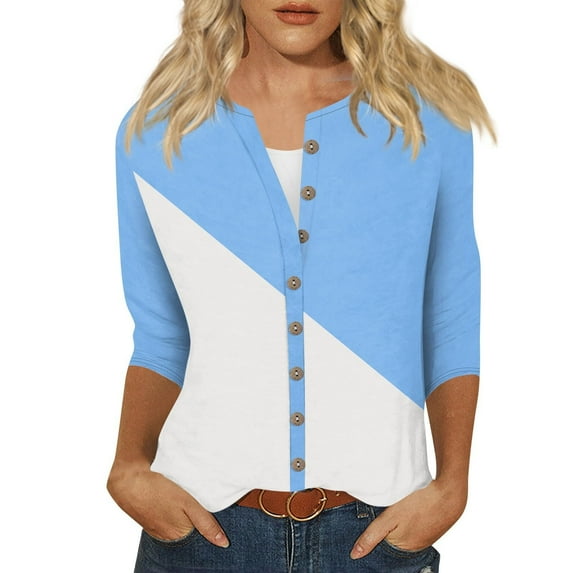 Fouhkni 3/4 Sleeves Shirts for Women Dressy Casual Button down Blouses Color Block Fall Outwear Coat