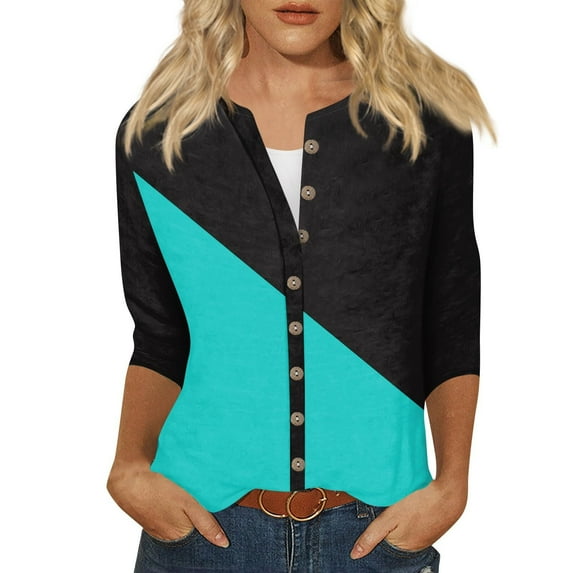 Fouhkni 3/4 Sleeves Shirts for Women Dressy Casual Button down Blouses Color Block Fall Outwear Coat