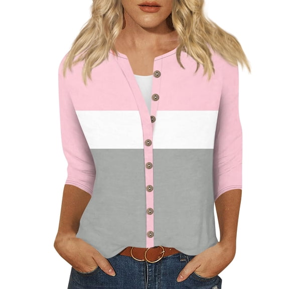 Fouhkni 3/4 Sleeves Shirts for Women Dressy Casual Button down Blouses Color Block Fall Outwear Coat