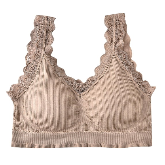 Fouhkni Bras for Women Wirefree Seamless Lace Strap Bralettes V-Neck Full Coverage Comfy Everyday Bra
