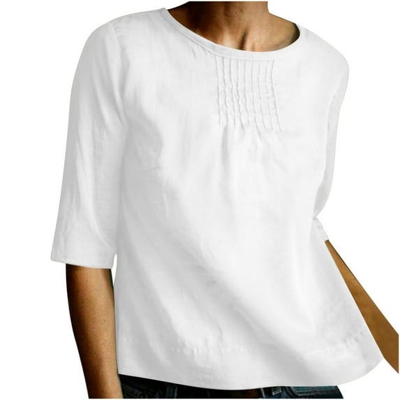 Fouhkni Cotton Linen Tops for Women Half Sleeve Crew Neck Solid Color Lightweight Oversized Tshirts