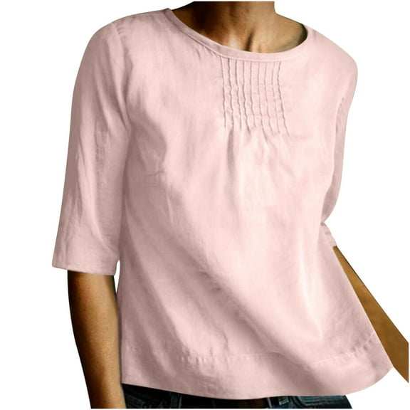 Fouhkni Cotton Linen Tops for Women Half Sleeve Crew Neck Solid Color Lightweight Oversized Tshirts